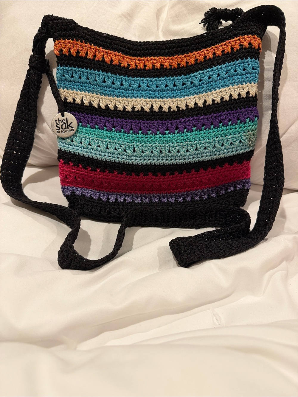 The Sak Black Multi Crochet Striped Crossbody Bag